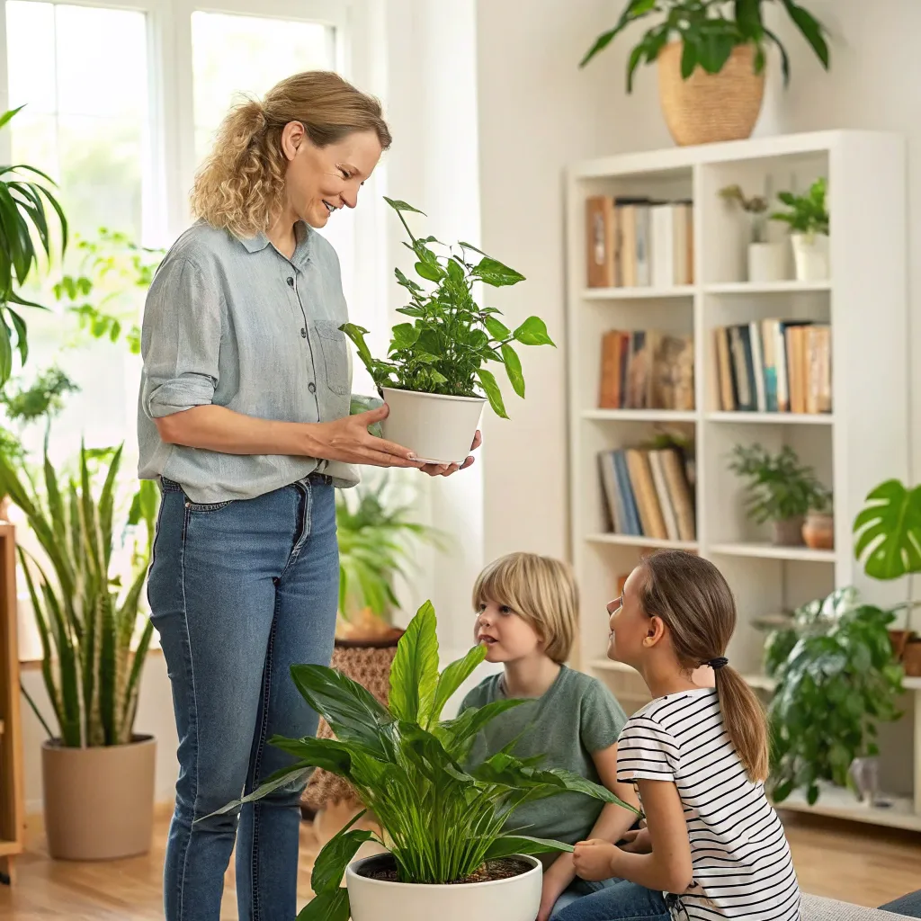 Sarah Bennett teaching her kids about houseplants